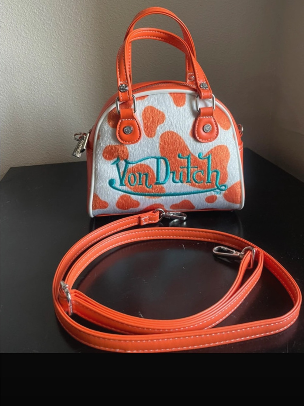 Von Dutch Mini Bowling Bag-Orange Cow Print